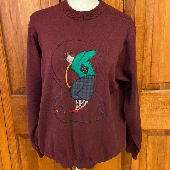 Byford London New York Sweaters - Byford Graphic (Embroidered) Sweater Golf Feep Burgundy Size Med Preowned